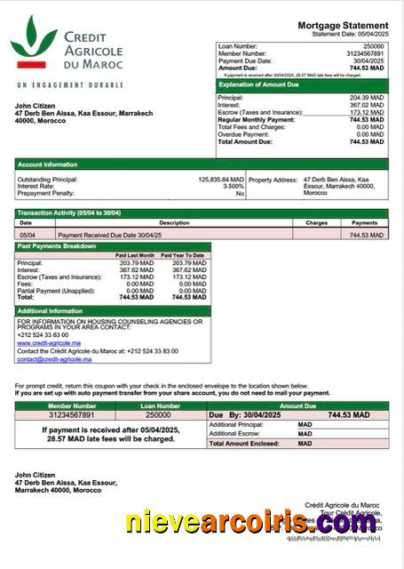 Morocco Crédit Agricole du Maroc mortgage statement Word and PDF template